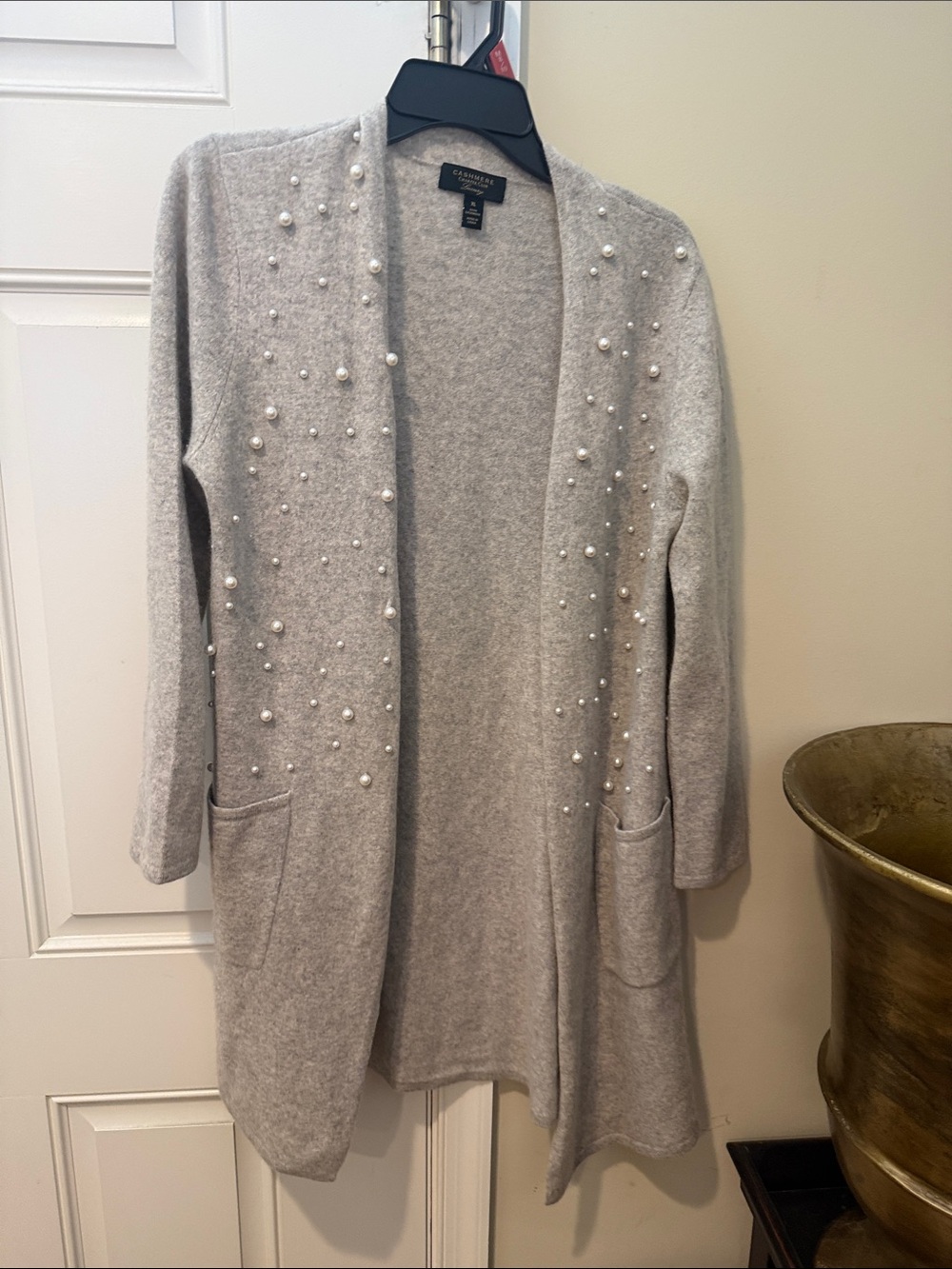 Caslon Light Gray Pearl-Embellished Open Cardigan
